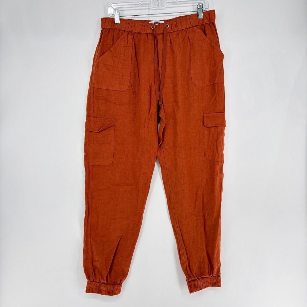 Nicole Miller New York Womens 100% Linen Cargo Joggers Burnt Orange Size L